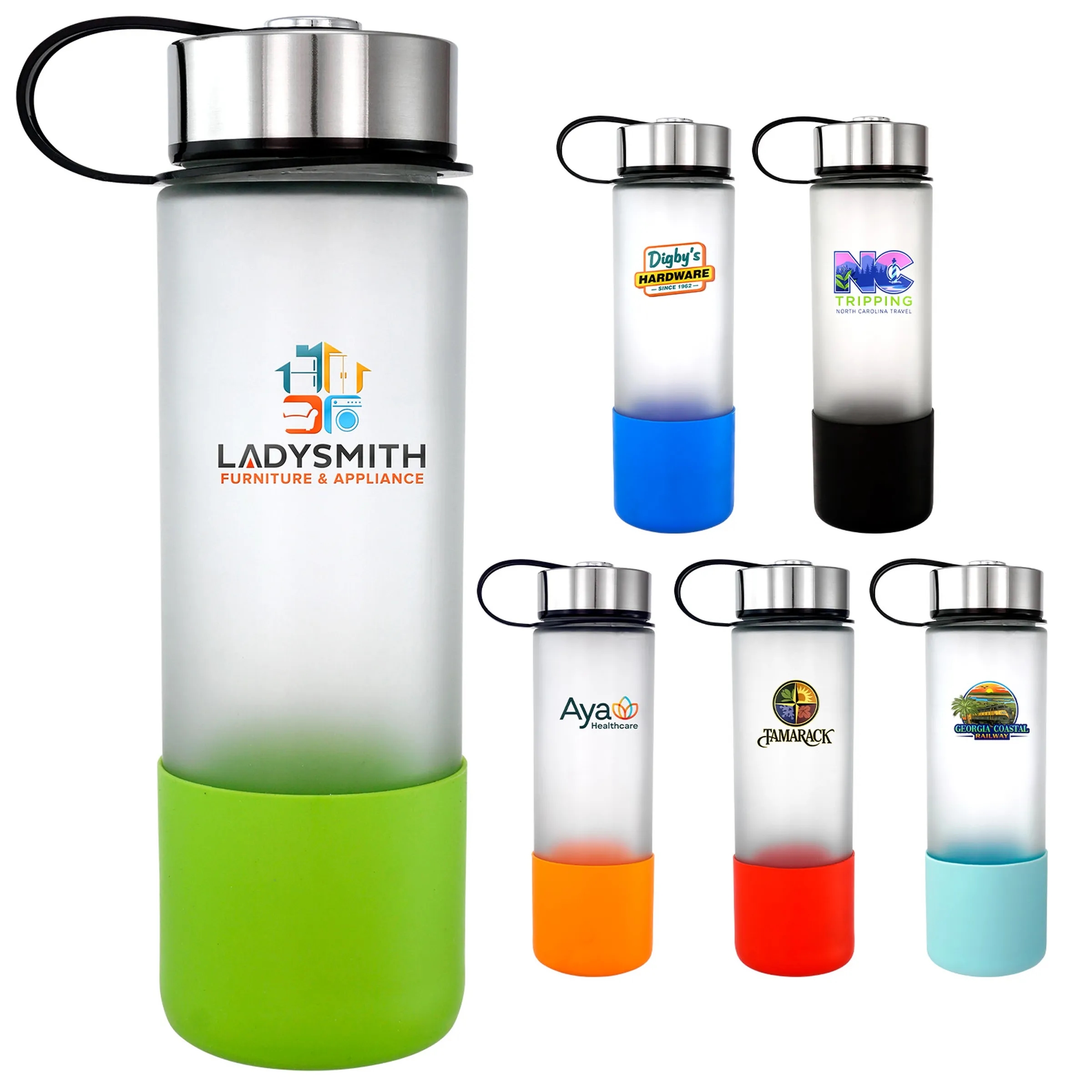 Metal Lanyard Lid 22oz. Full Color Frosted Glass Grip Bottle