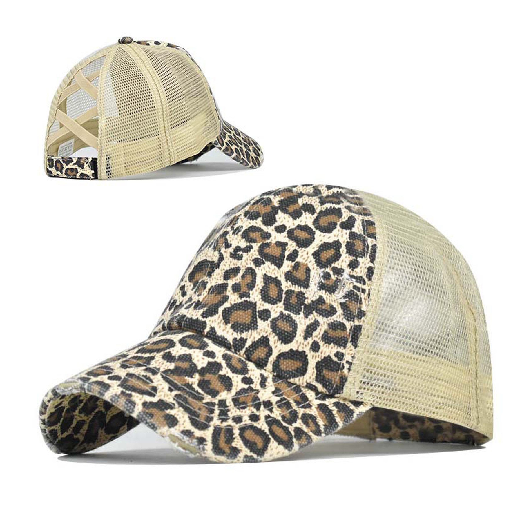 Washed Denim Criss Cross Ponytail Trucker Cap 11