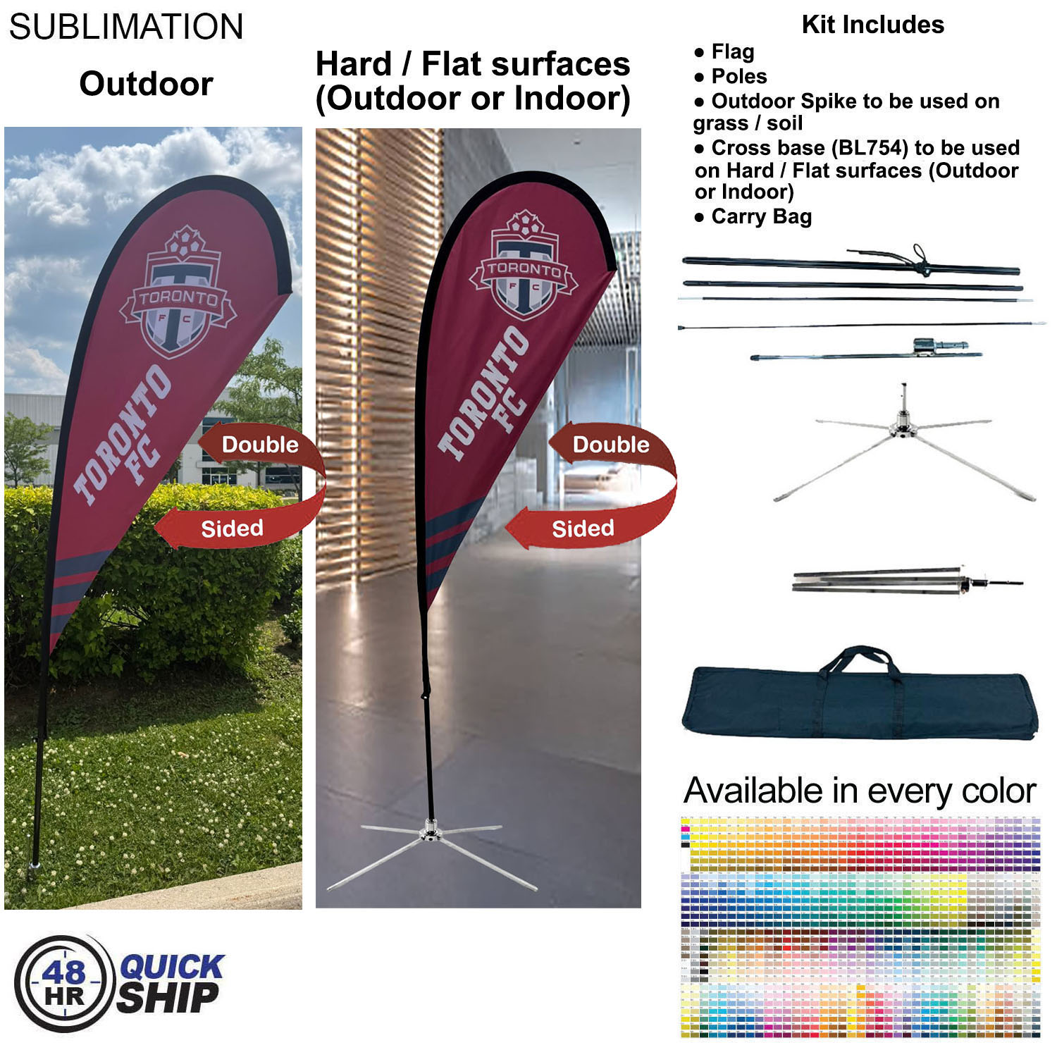 48Hr Quick Ship - 7.5' Small Tear Drop Flag Kit, Full Color Graphic 2 Sided, Outdoor & Indoor base 12