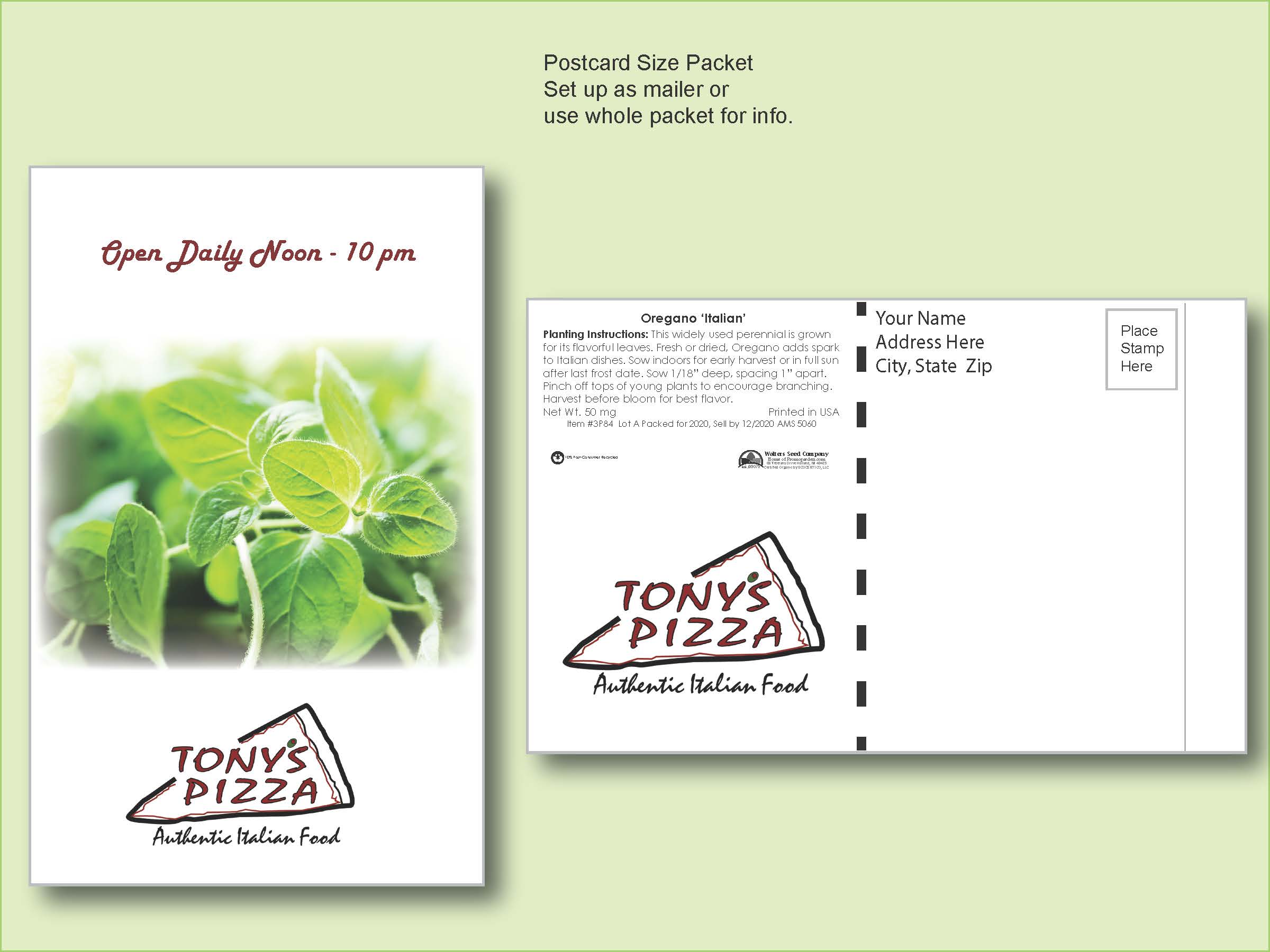 Oregano Herb Seed Packet - Postcard Mailer Size 4" x 6.5" 1