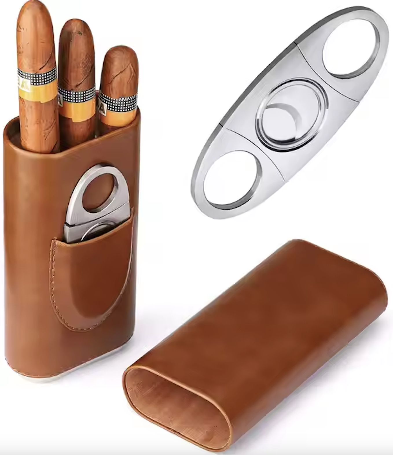 3-Finger Leather Cigar Case Kit with Stainless Steel Cutter 1