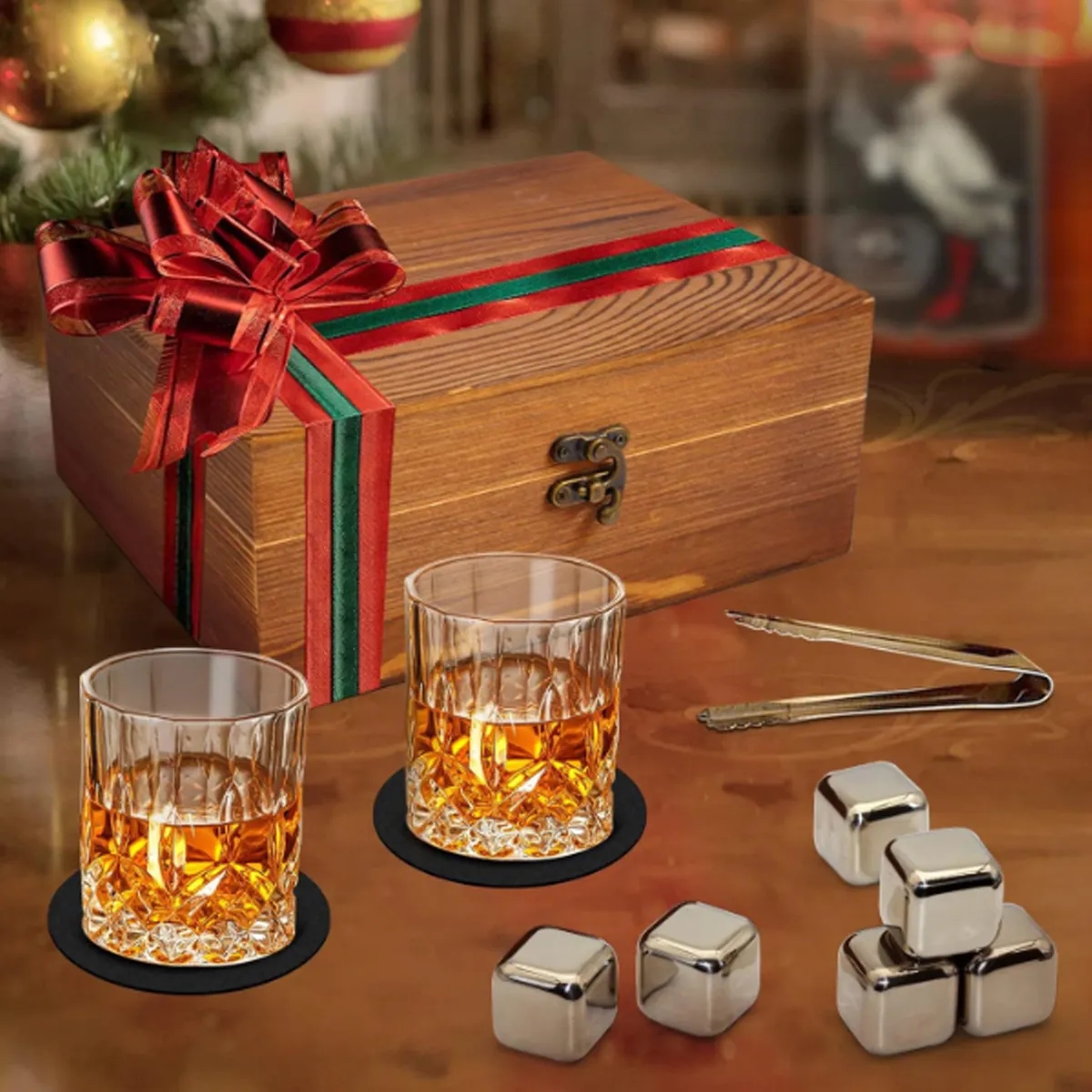 Whiskey Glasses Gift Set Stainless Steel Stones Wood Box 5