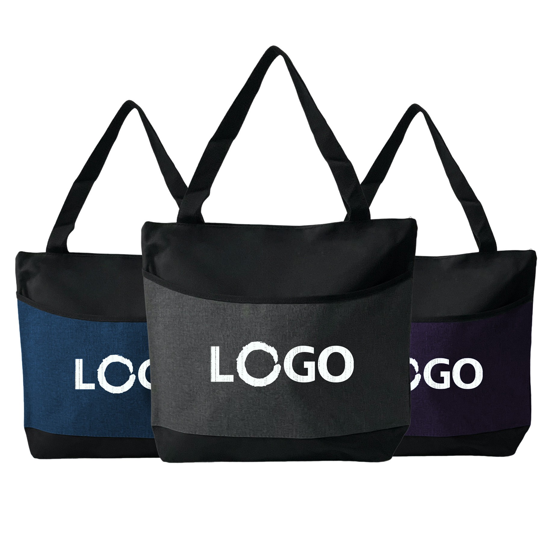 Two-Tone Zippered Tote Bag With Front Pocket