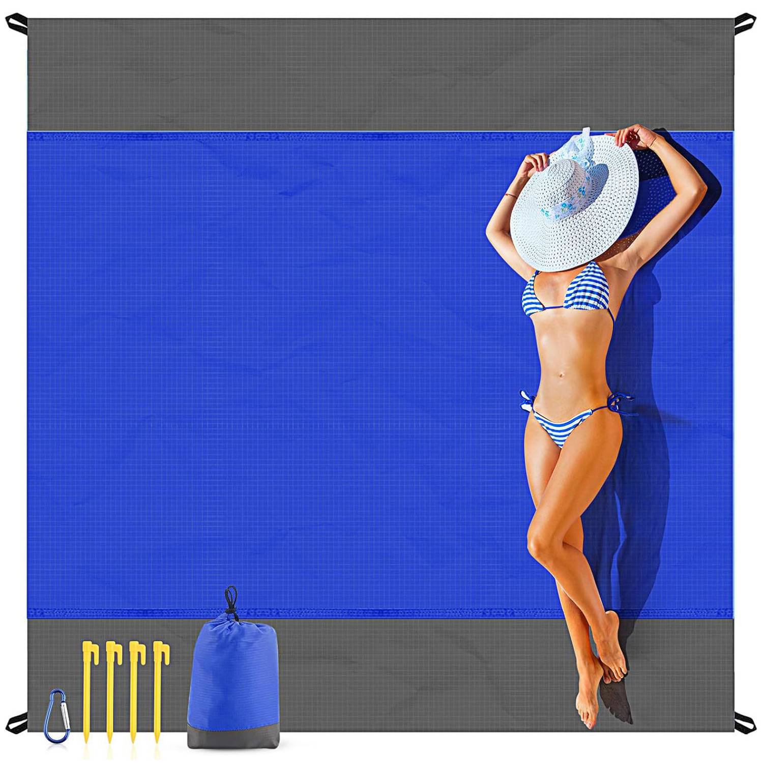 Foldable Waterproof Sandproof Beach Mat w/ 4 Stakes 10