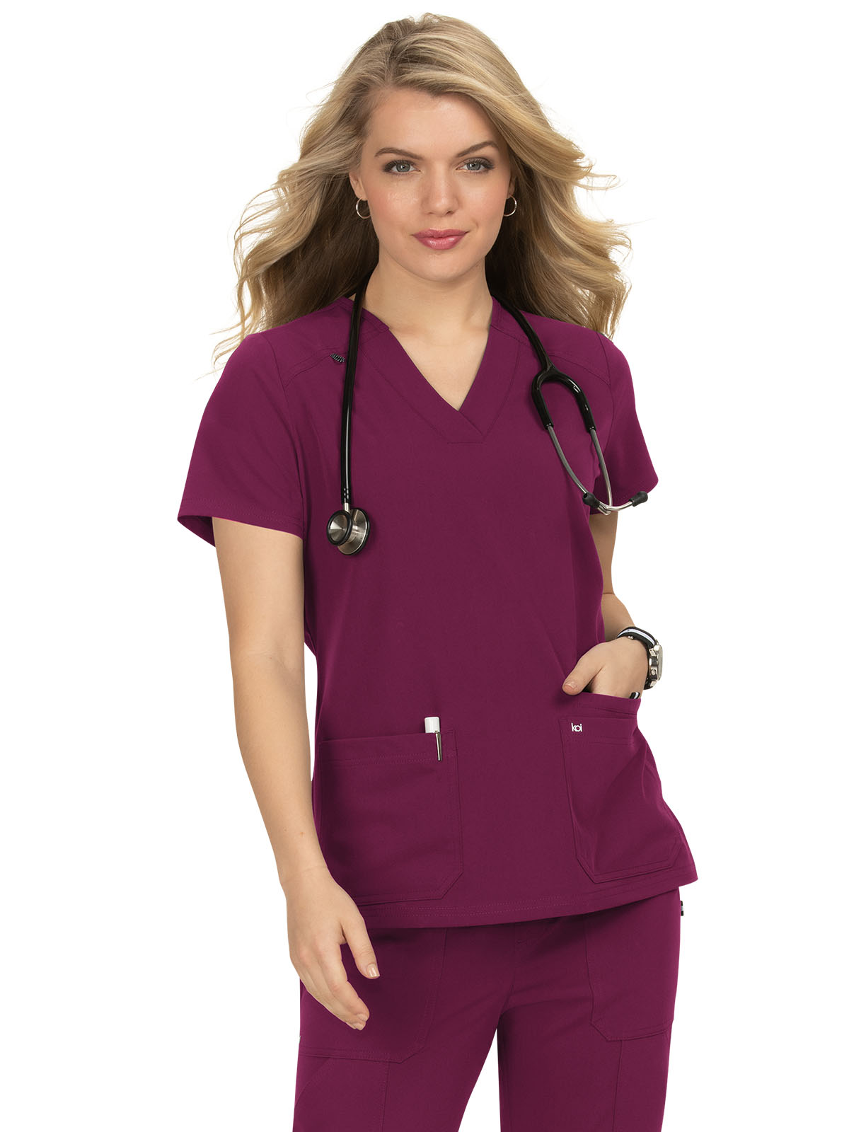 koi - Next Gen - Women's Three-Pocket Wide V-Neck Stretch Hustle and Heart Top 50