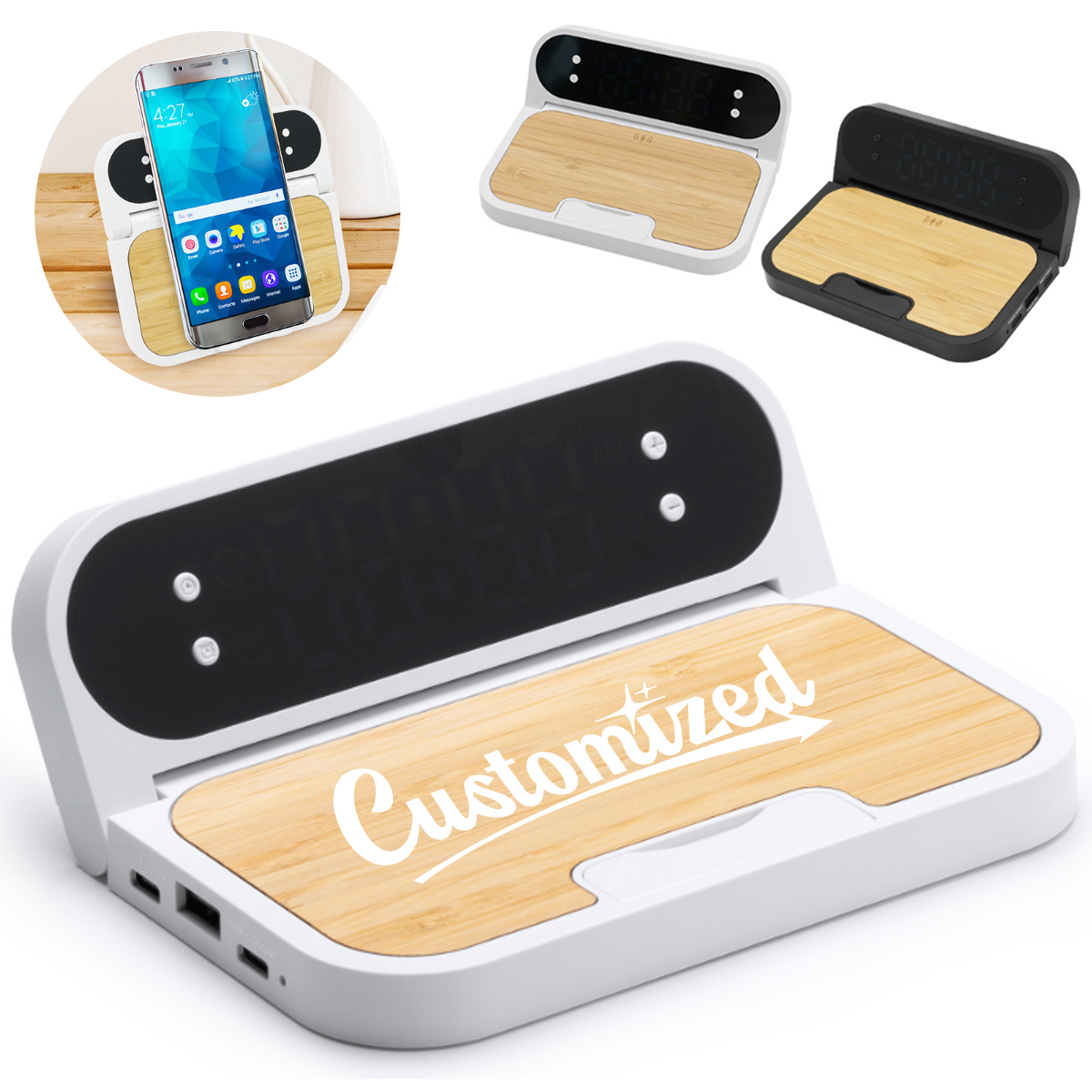 Bamboo Wireless Charging Clock Stand with LED Display 4