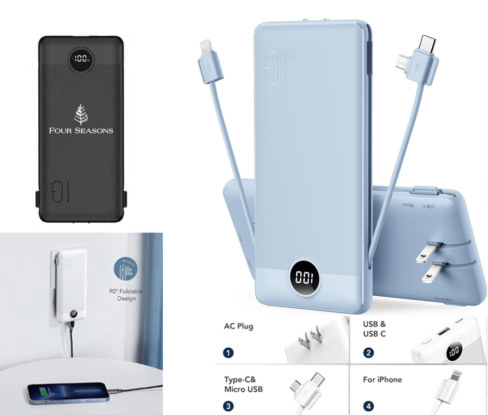 iBank ® Power Bank with Built-In Cables, Retractable AC Wall Plug, and LED Battery Display, 10000mAh 1