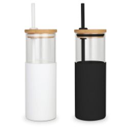 Antigua 24 Oz. Glass Tumbler w/Bamboo Lid & Silicone Sleeve & Straw