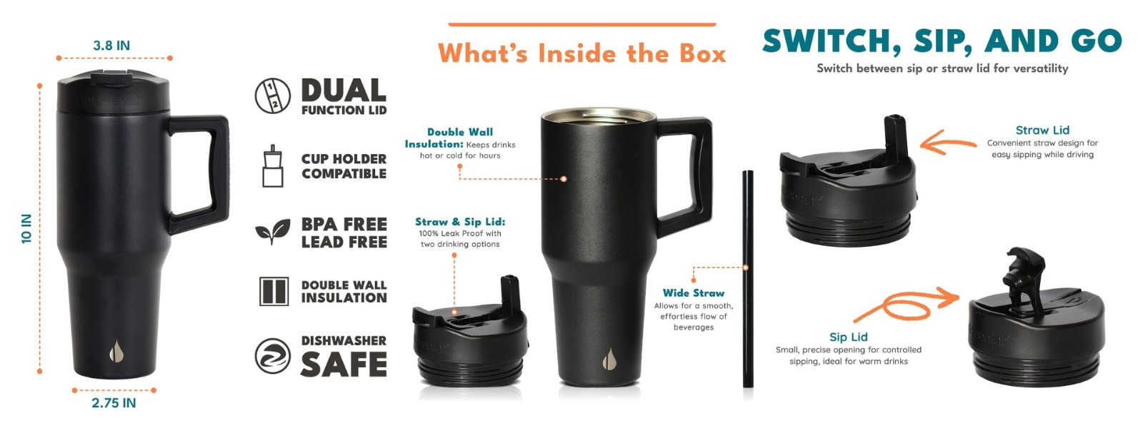 Elemental® Commuter 32oz Stainless Steel Tumbler with Handle and Dual-Function Lid 20