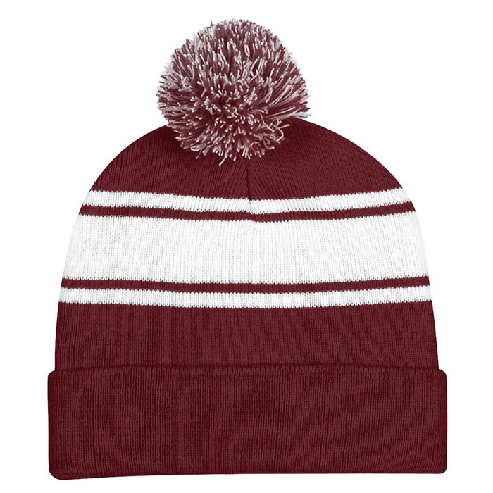 Two-Tone Knit Pom Striped Beanie With Cuff 4