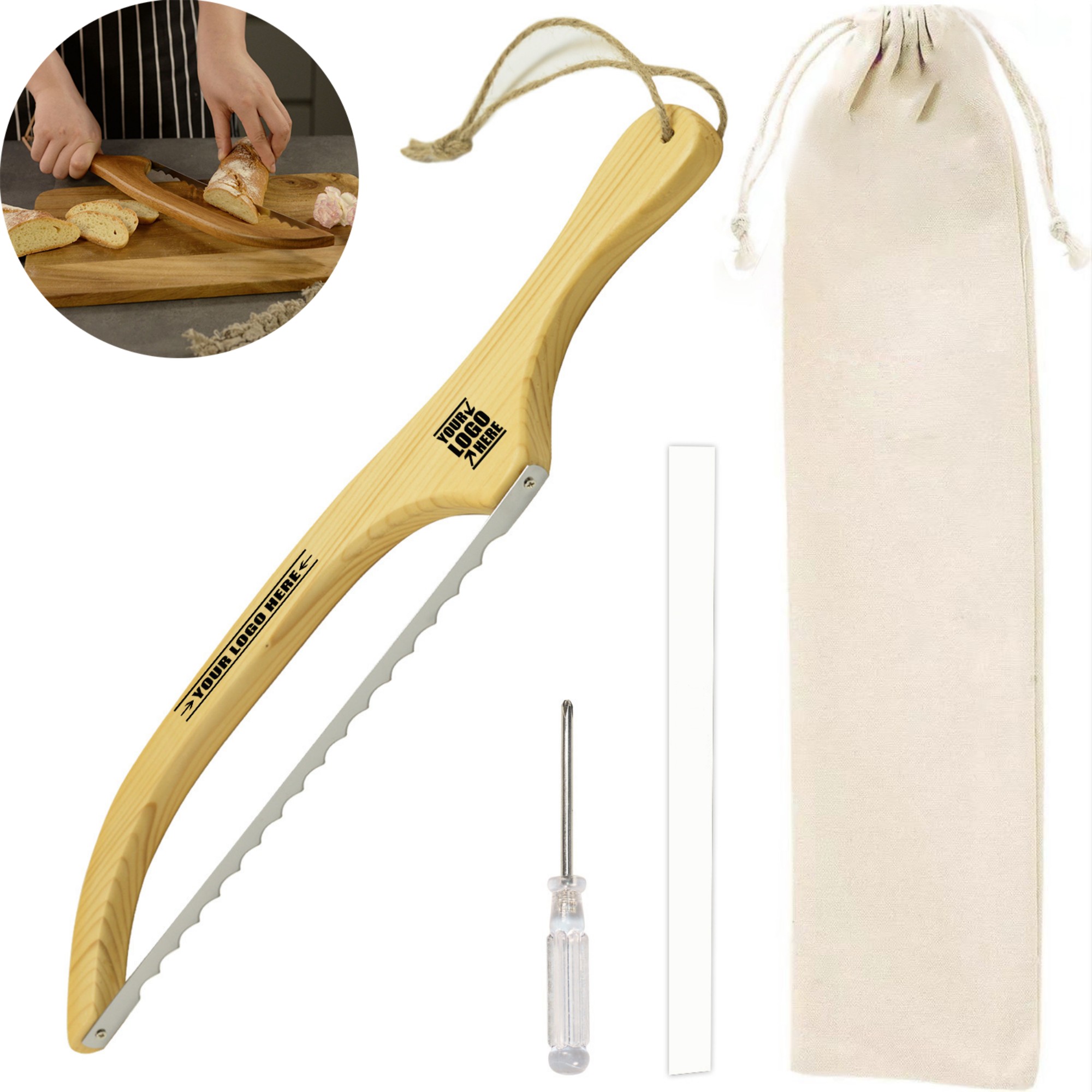 Wooden Bow Bread Knife With Bag 1