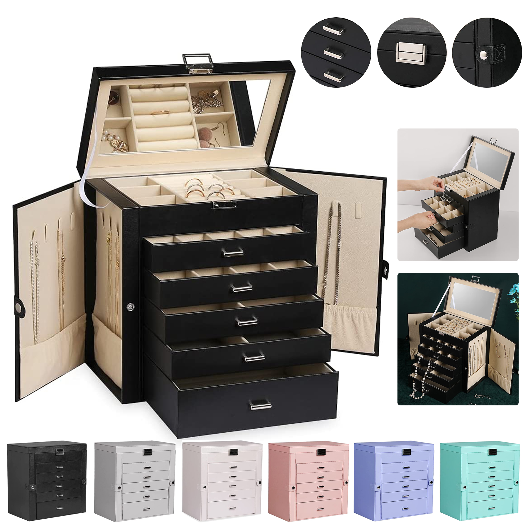 6 Tier PU Leather Jewelry Box with Lock 3