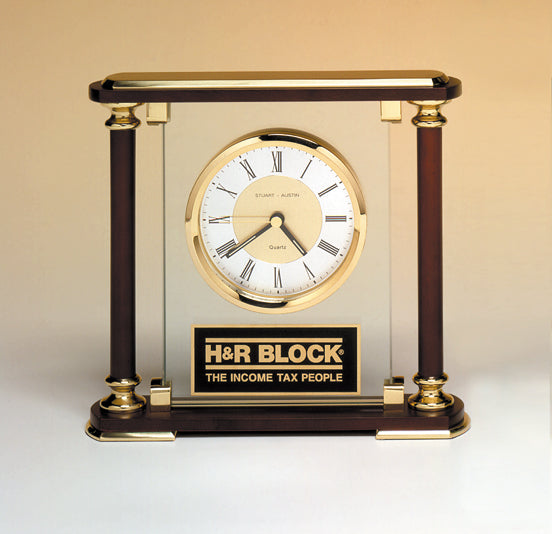 7" x 7" Glass and Rosewood Piano Finish Clock with Gold Metal Accents and Black Plate 2