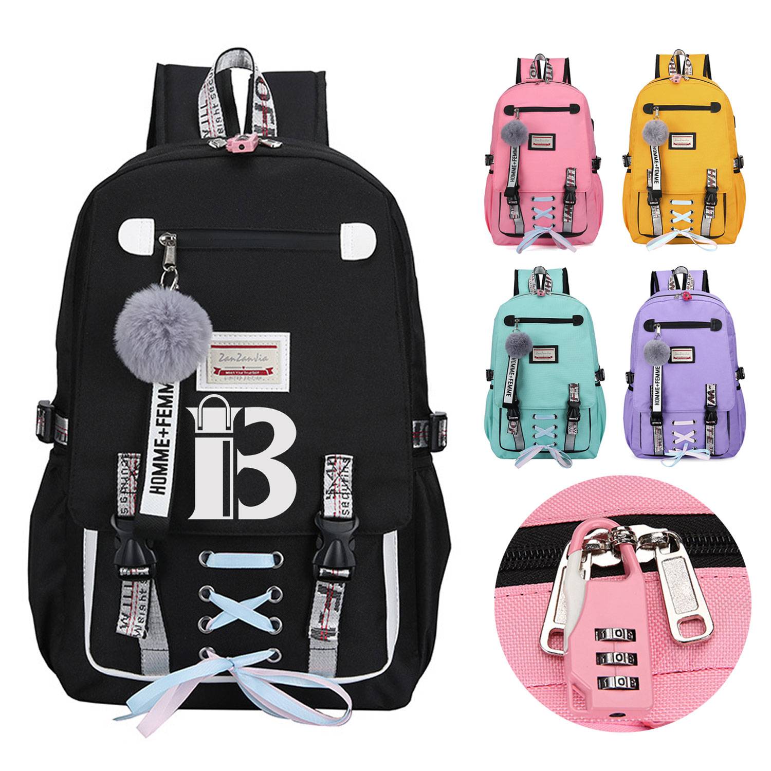 Polycotton Combination Lock School Backpack w/ USB Port 3