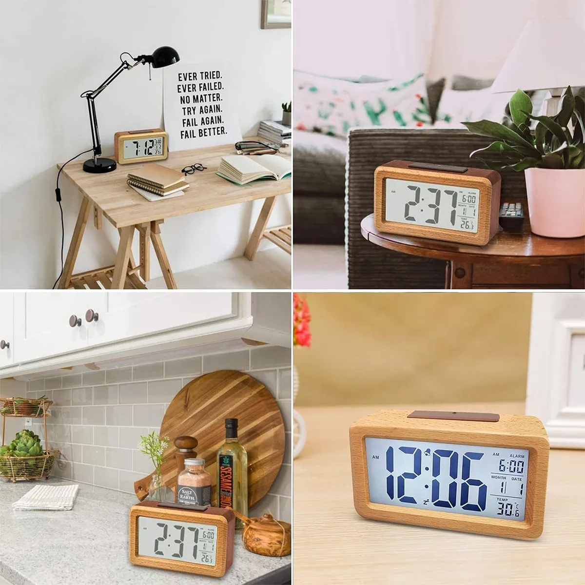 Bamboo Wooden LCD Alarm Digital Clock With Night Light Temp 6