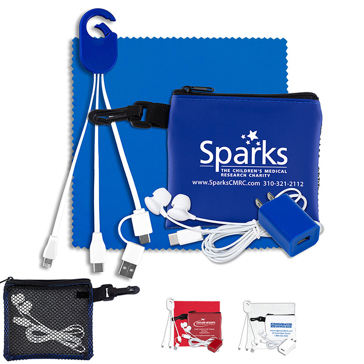 “TechMesh Clip” Mobile Tech Accessory Kit in Mesh Zipper Pouch Components inserted into Zipper Pouch