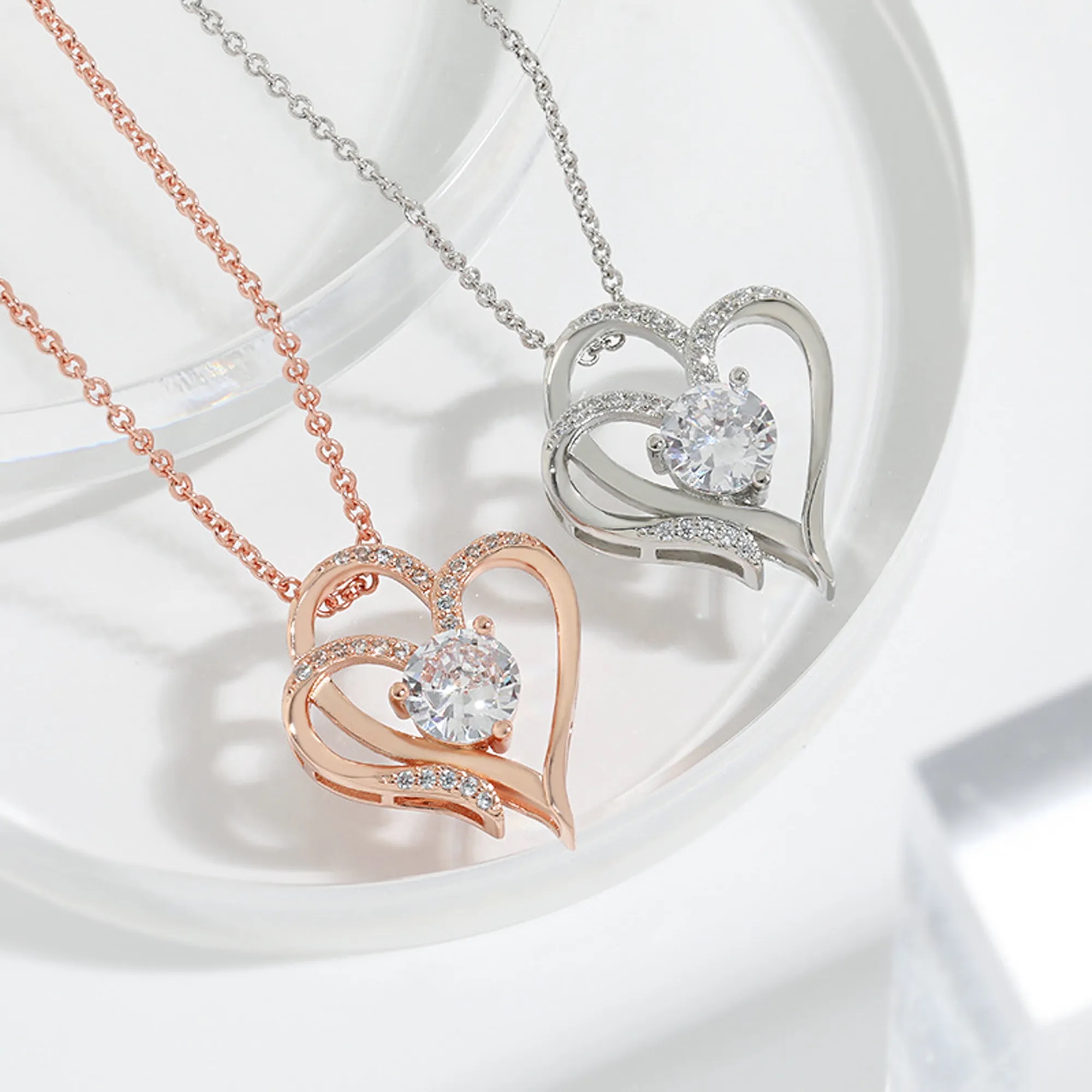 White Gold Double Heart Pendant Necklace 3