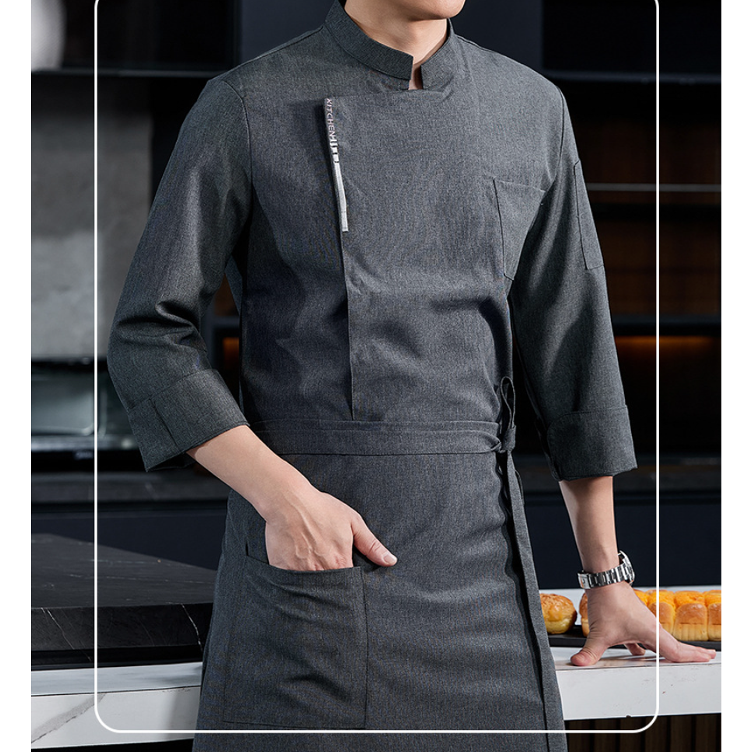 Black White Durable Mix Of Polyester And Cotton Chef Coat 6