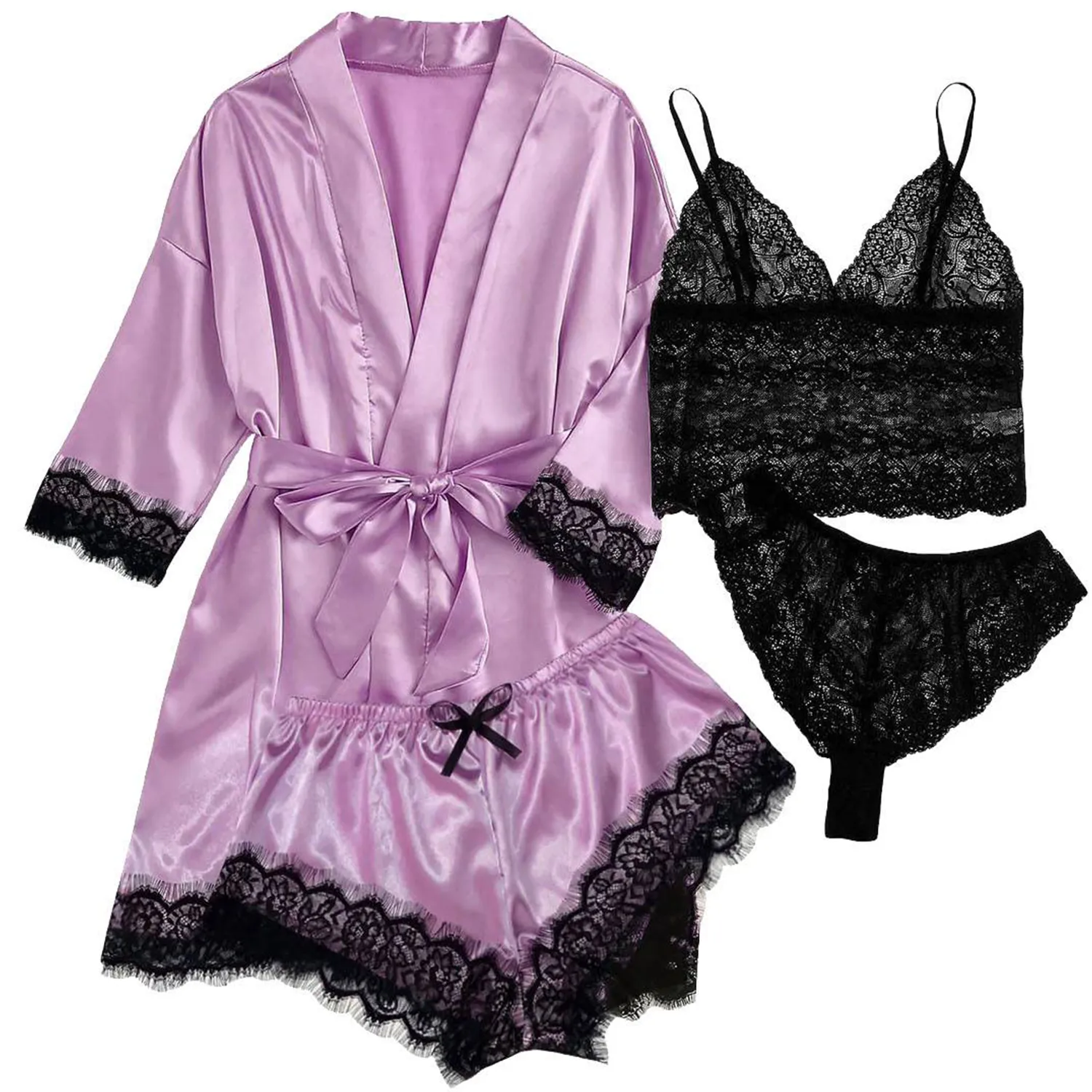4-Piece Women Silk Soft Lace Satin Pajama Set 5
