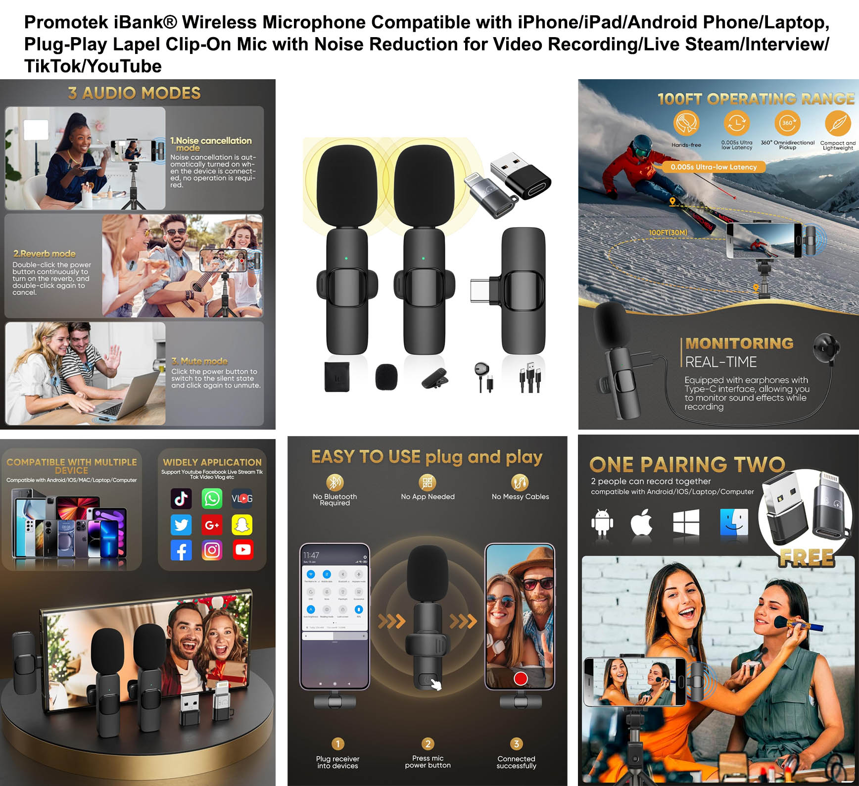 iBank ® Wireless Microphone Compatible with iPhone/iPad/Android Phone/Laptop 2
