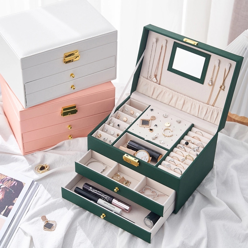 Custom 3-Layer PU Jewelry Organizer Box with Drawer & Mirror 7