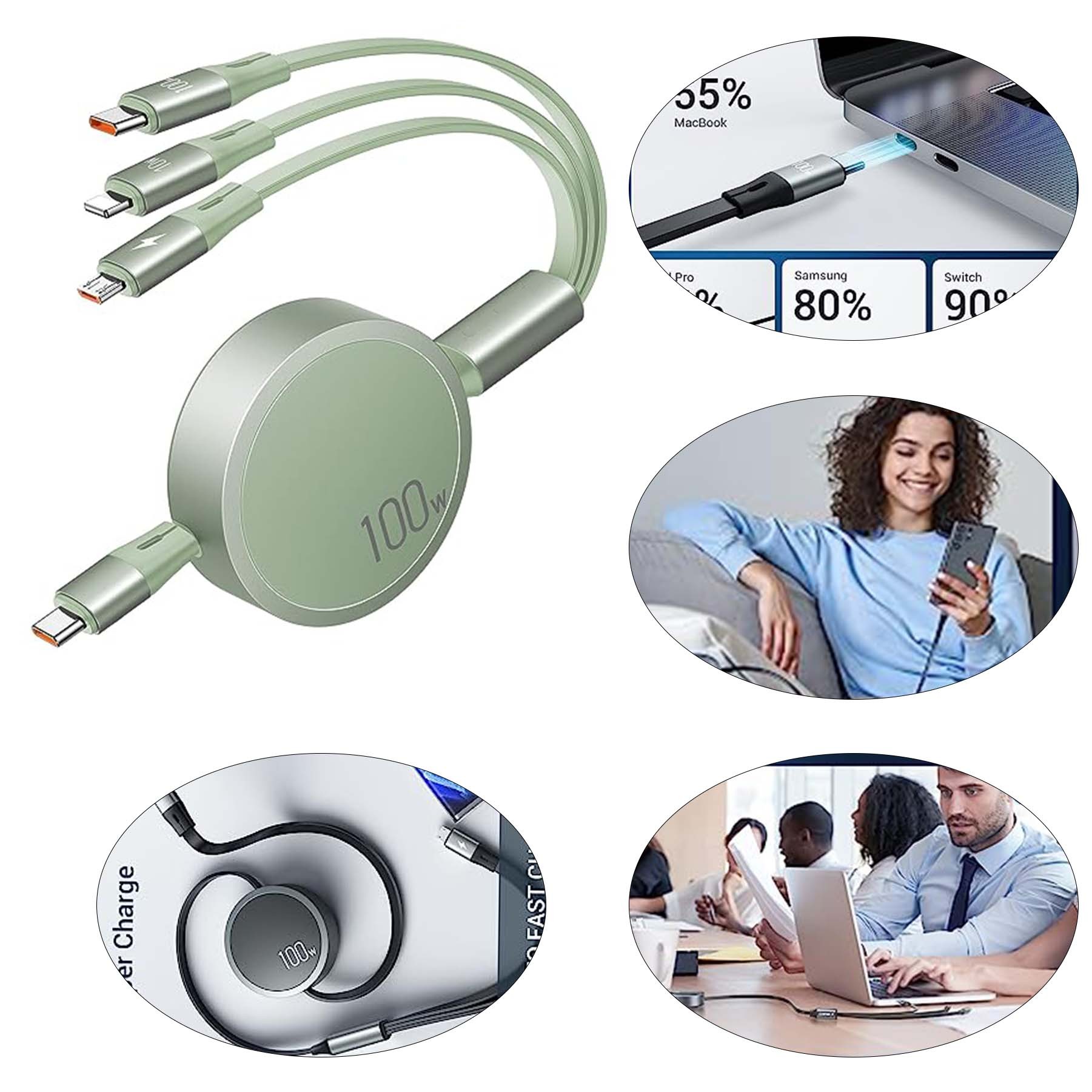 100W 3 in 1 Multi Travel Essential USB Retractable Charging Cable Phone Mac Charger Cord 2