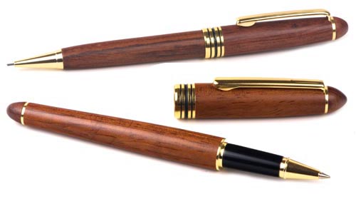 Illusion set features a roller ball pen and a twist action pencil with matching wooden barrels.