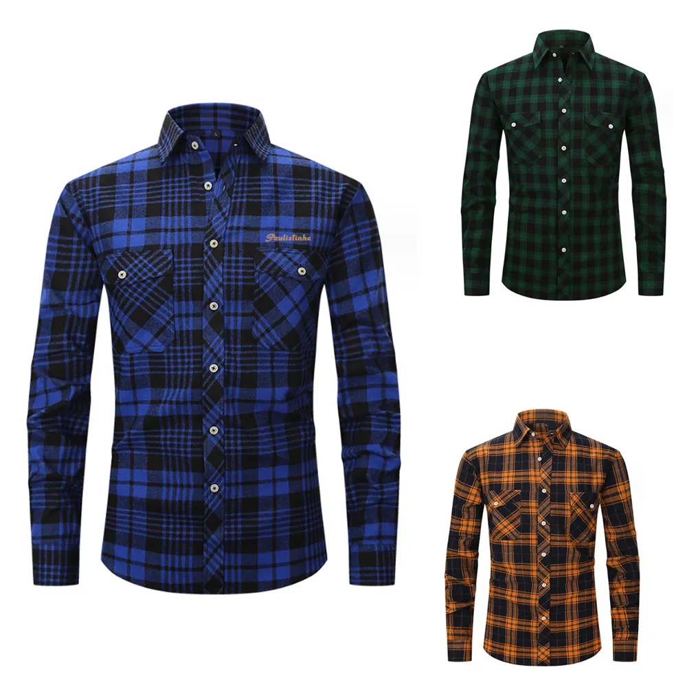 Brushed Plaid Shirt Long Sleeves Double Pockets 7
