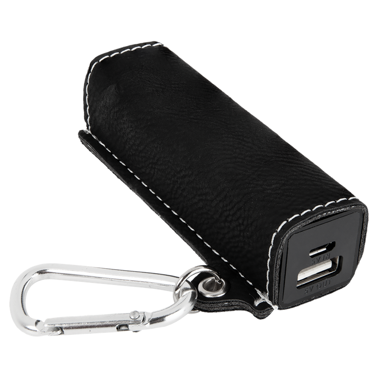 Black/Silver Leatherette 2200 mAh Power Bank with USB Cord 3