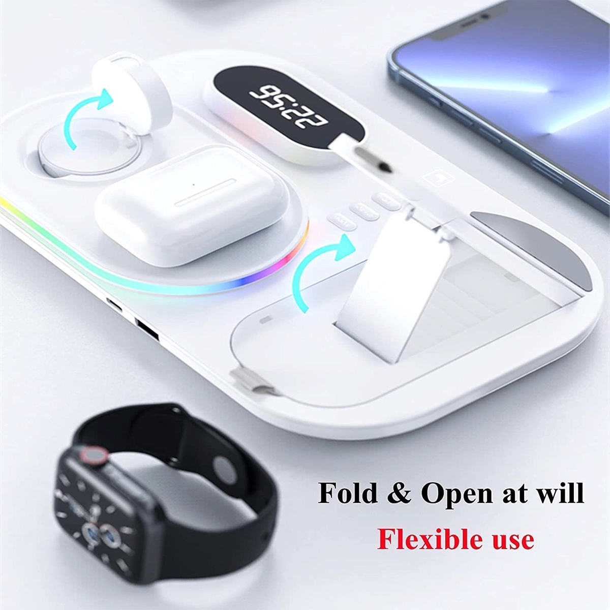 4 in 1 Foldable Wireless Charger Station with digital clock 5