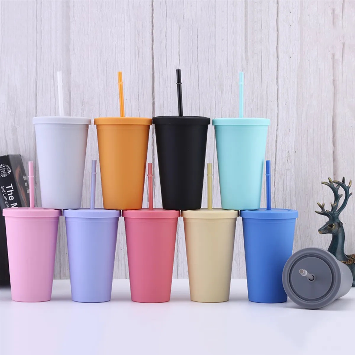 16OZ Reusable Matte Double Wall Plastic Straw Cup With Lid 7