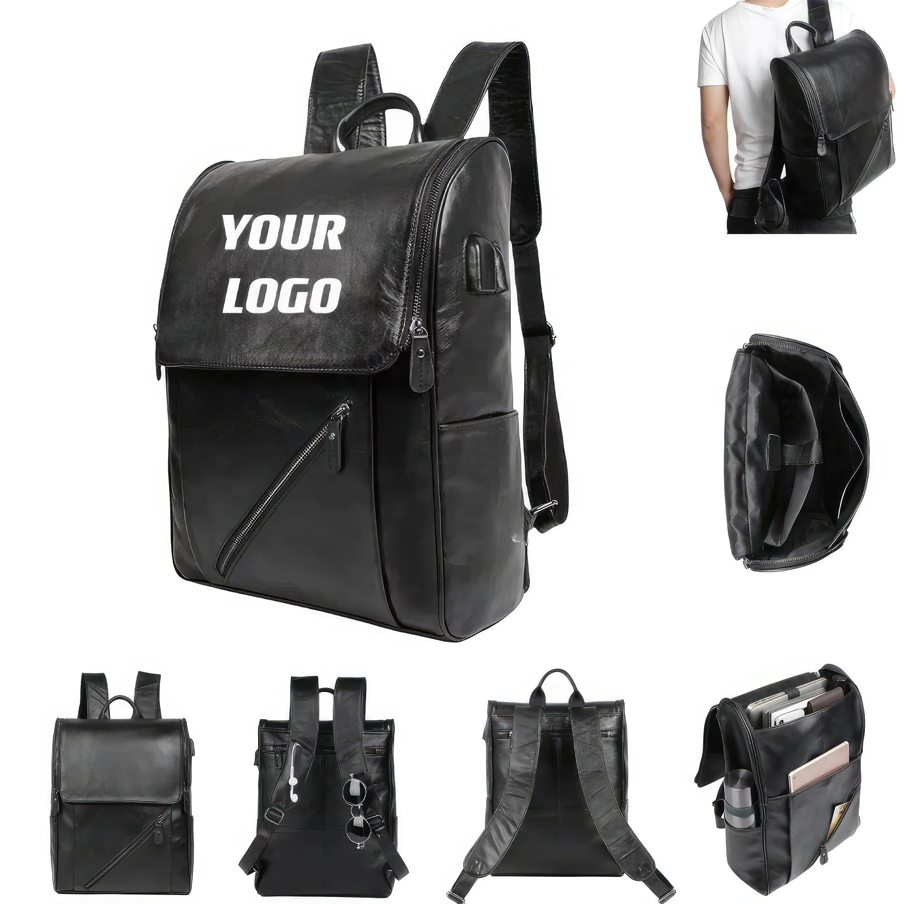 Black Genuine Leather Backpack Fit 14 " Laptop 2