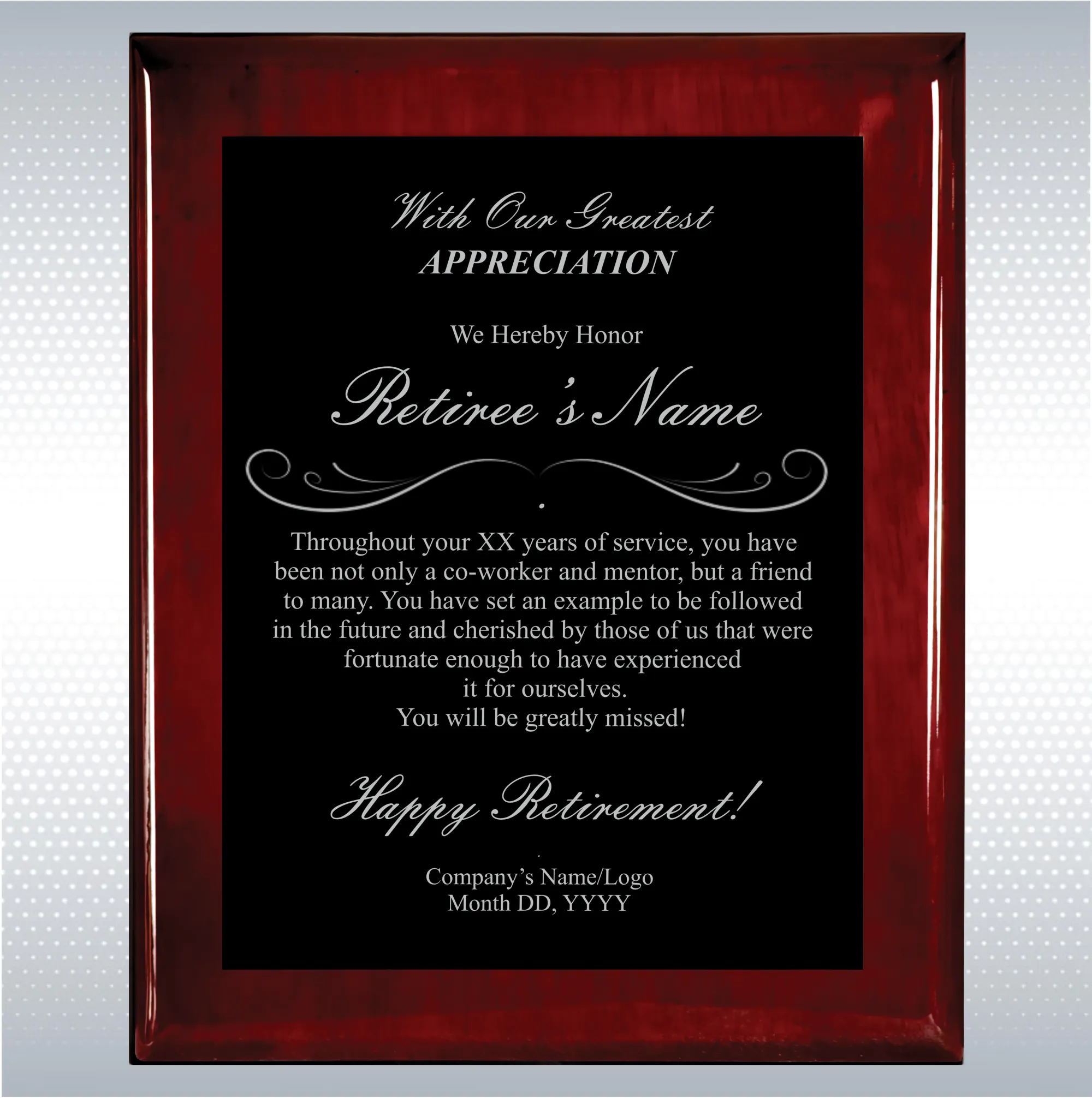 Rosewood Piano Finish Wood Plaque Retirement Gift Award 10