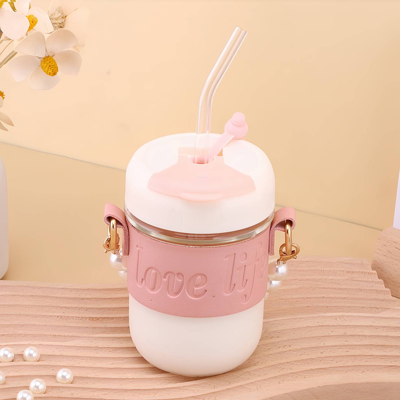 Single glass straw water bottle with pearl handle 6