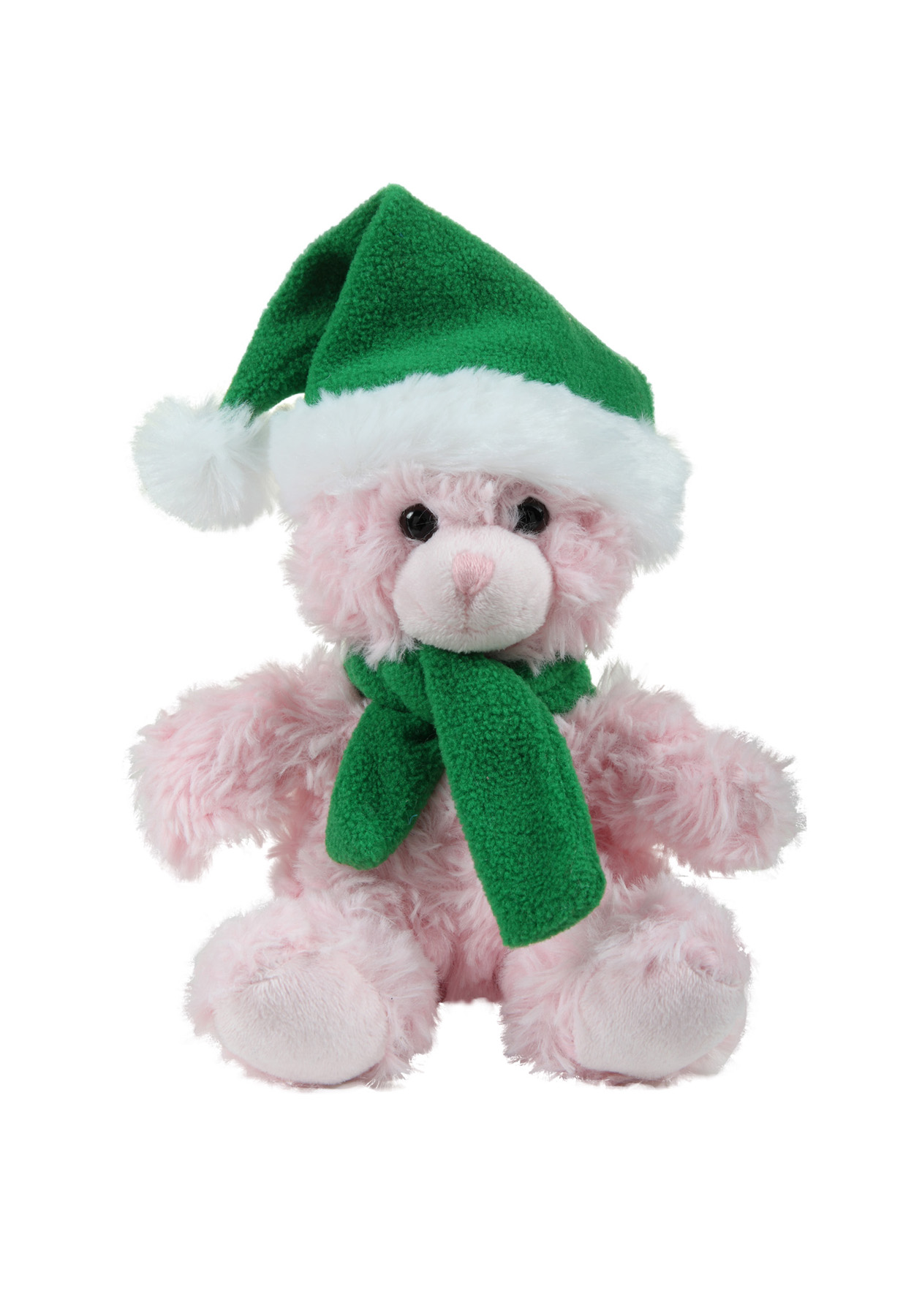 soft plush  Pink Curly Sitting Bear with Christmas scarf &hat