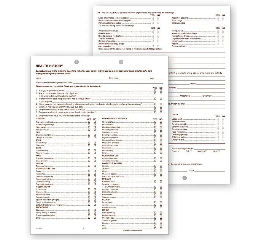 Dental Health History Questionnaires, 2 Sided 2
