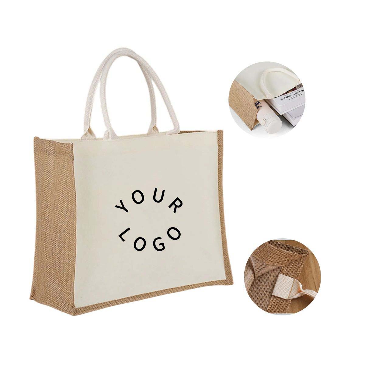 Durable Jute Shopping Bag with Canvas Front, custom tote bag with logo imprint 2