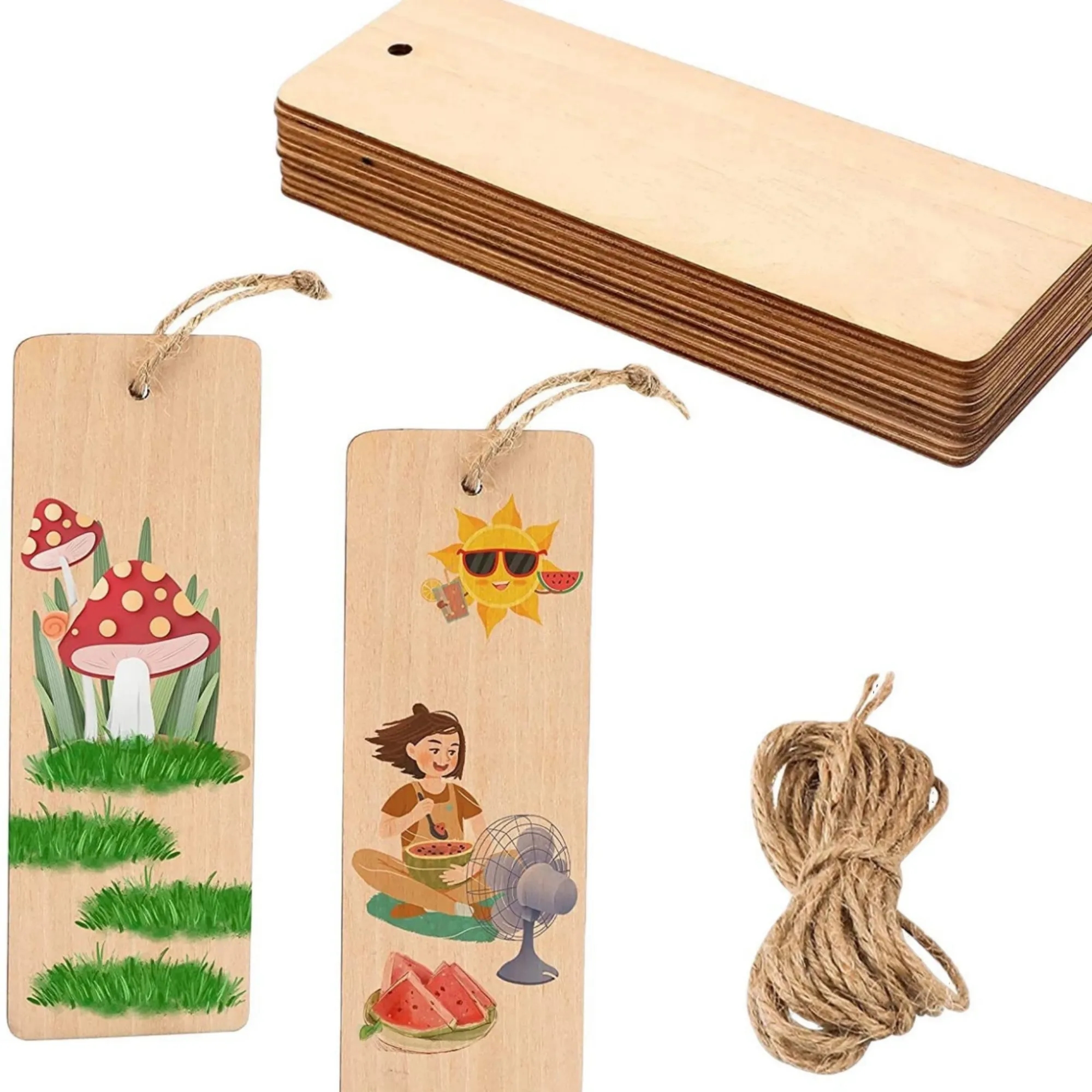 Wood Bookmarks DIY Tags Blank Wooden Chips With Hemp Ropes 3
