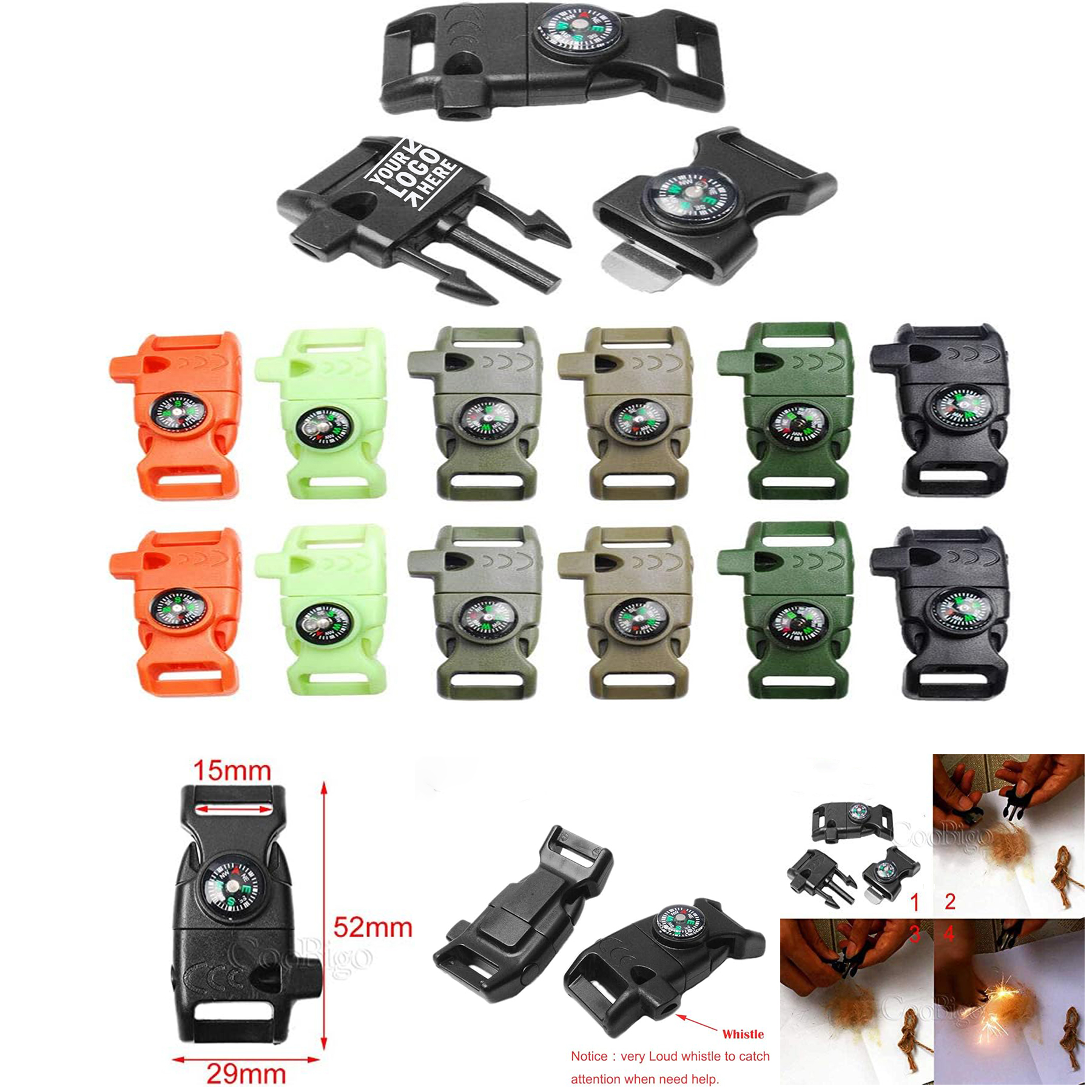 5/8" Compass Flint Scraper Fire Starter Whistle Buckle Plastic Paracord Bracelet Travel Kit 2