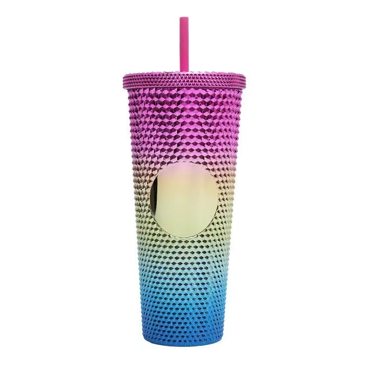 Double Plastic Straw Cup large capacity creative 710ml Durian Cup tie hand cup portable diamond cup 6