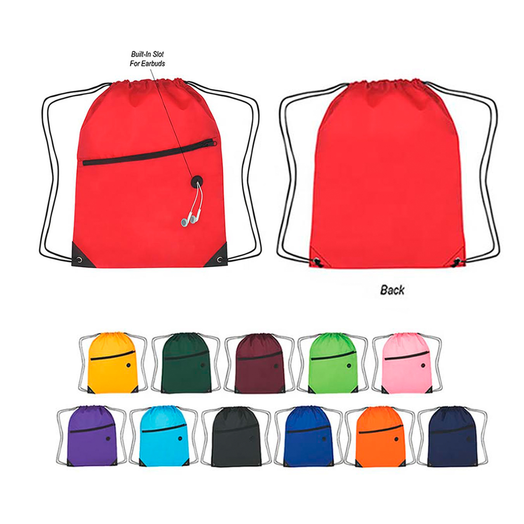 Drawstring Backpack With Zipper Pocket & Earphone Hole 1