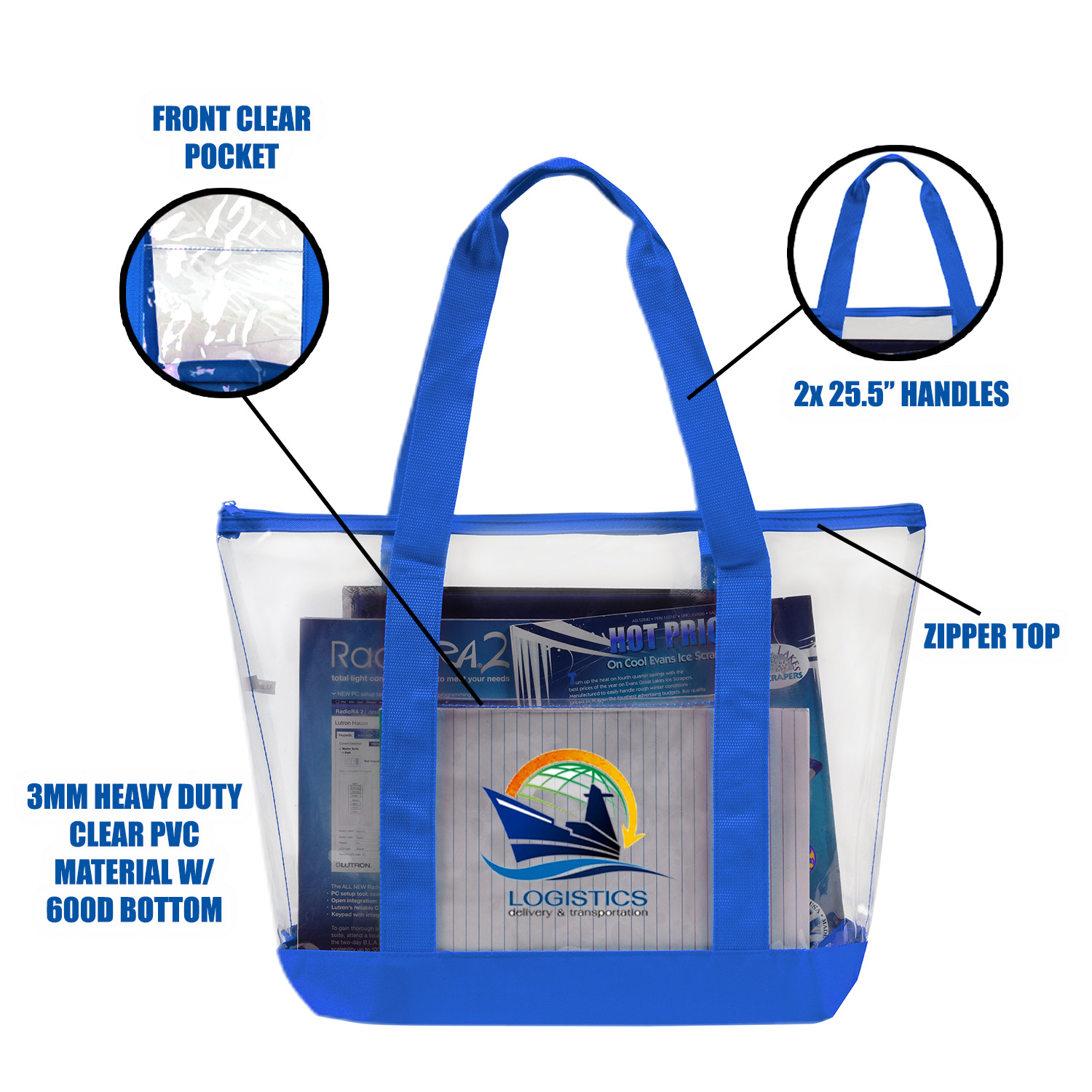 Clear Zipper Boat Tote with Front Pocket