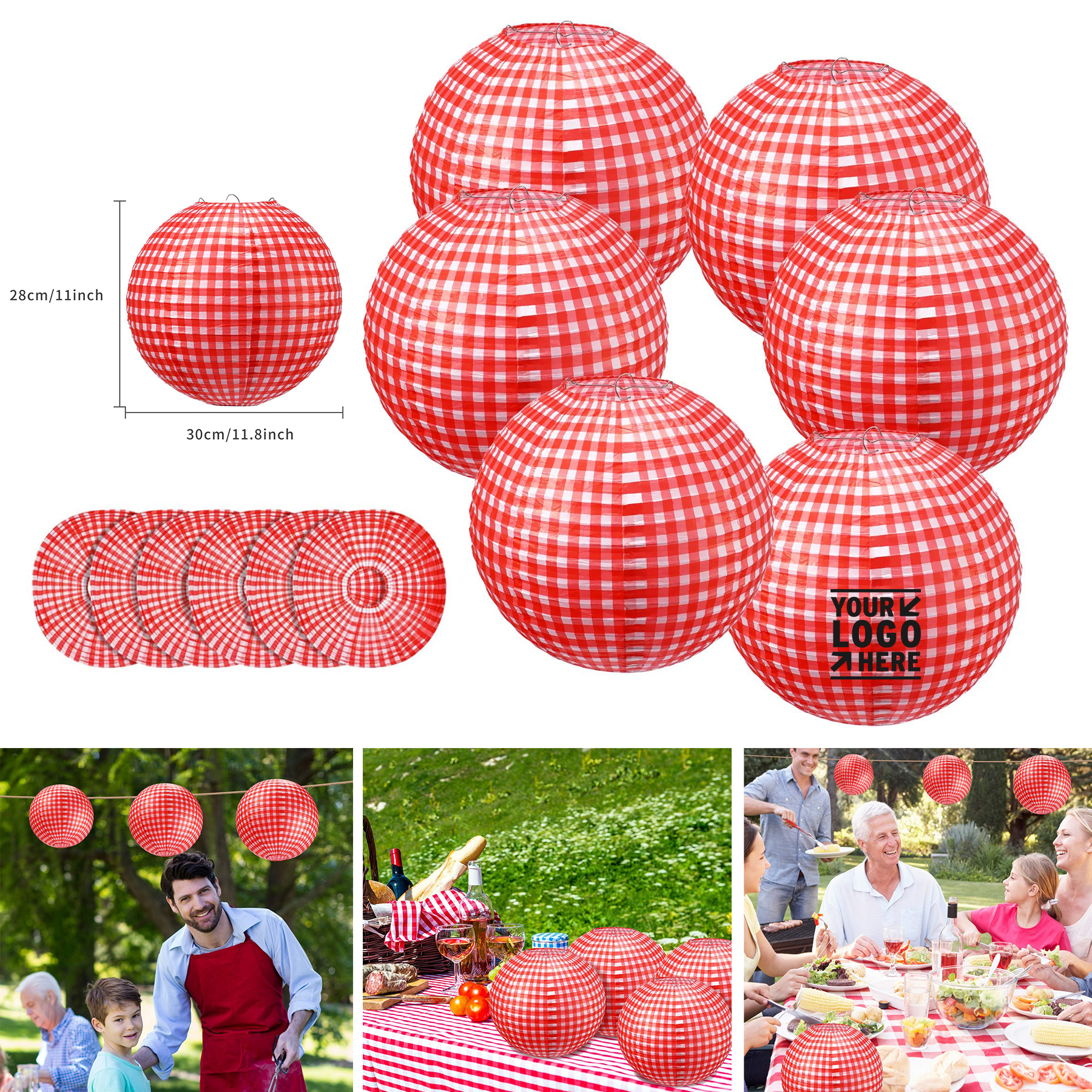 11.8"x11" Picnic Party Decorations Red Paper Checkered Round Hanging Lantern