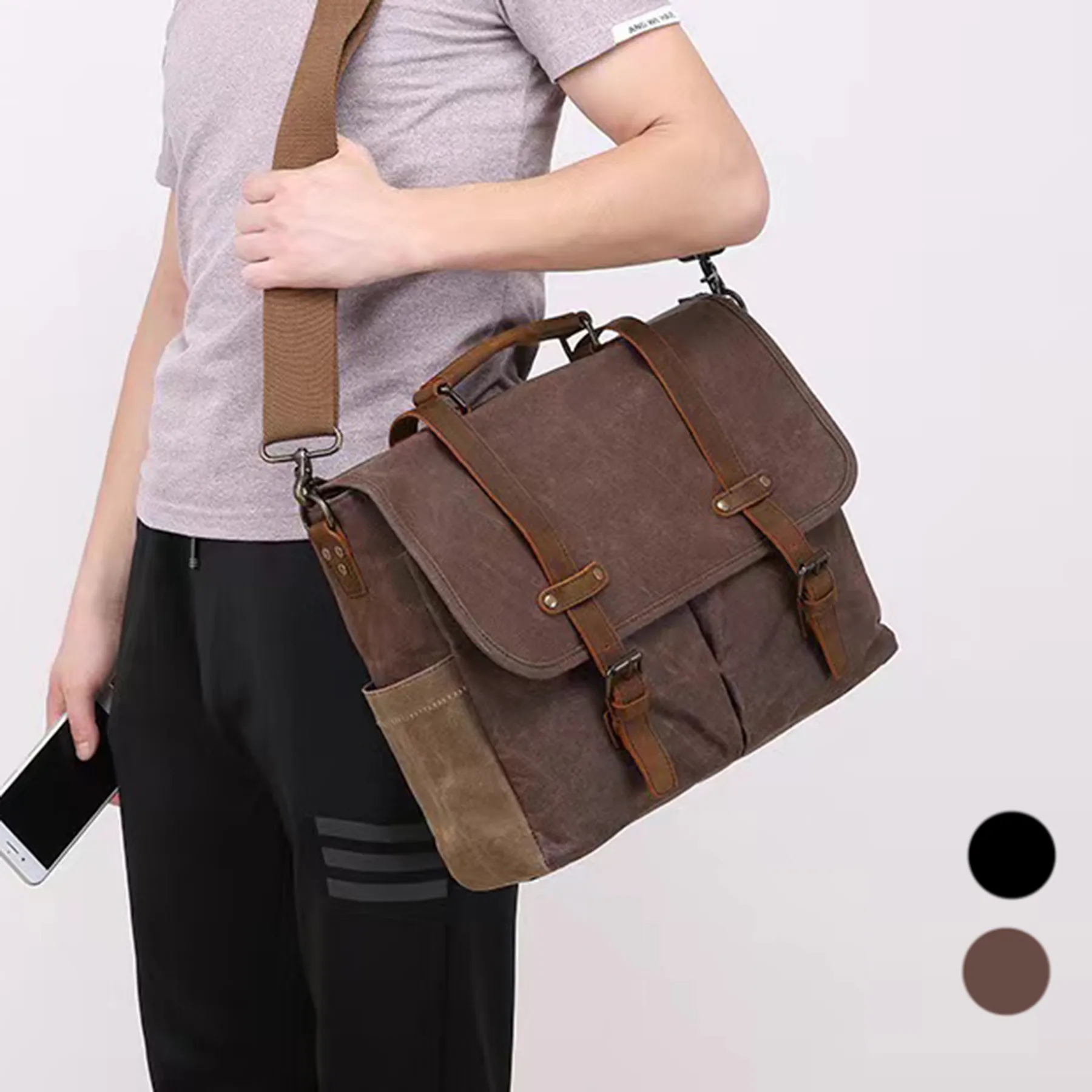 Leather Waxed Canvas Waterproof Mens Messenger Bag 2