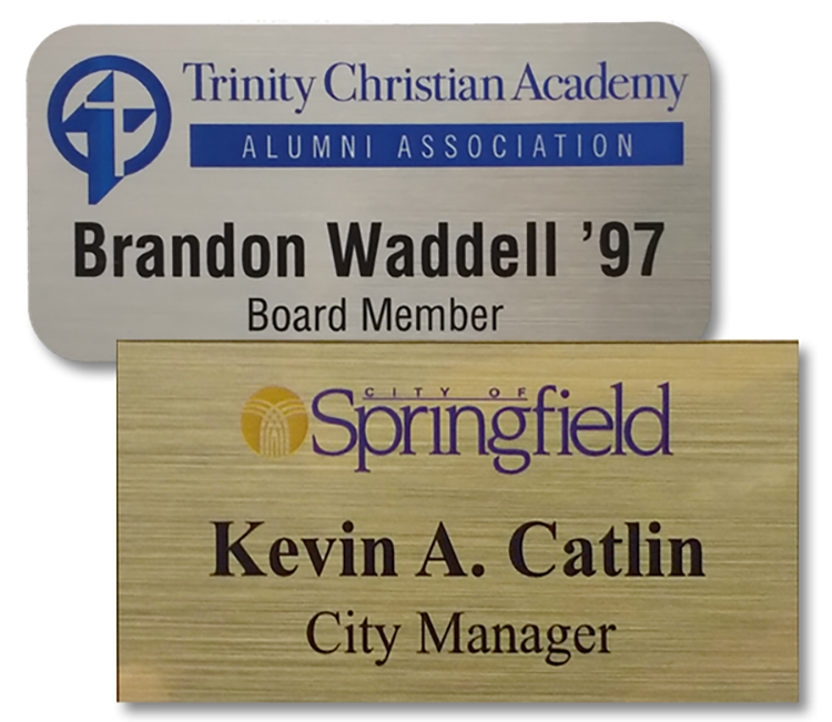 The Zeus full color metallic plastic name badge 1.5"x3" 1