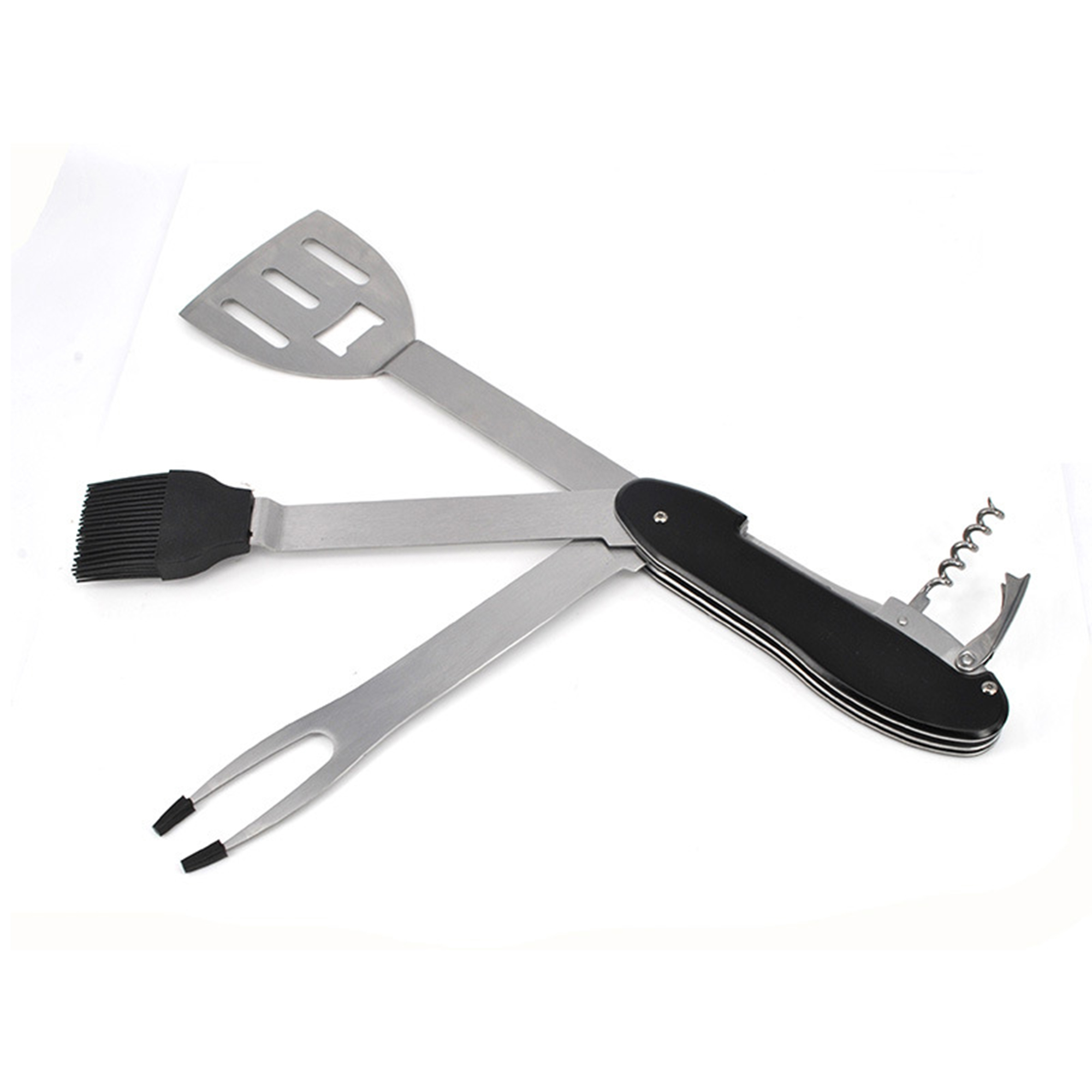 Foldable Grill Multi Tool With Spatula Fork Brush Opener 10.6" 4