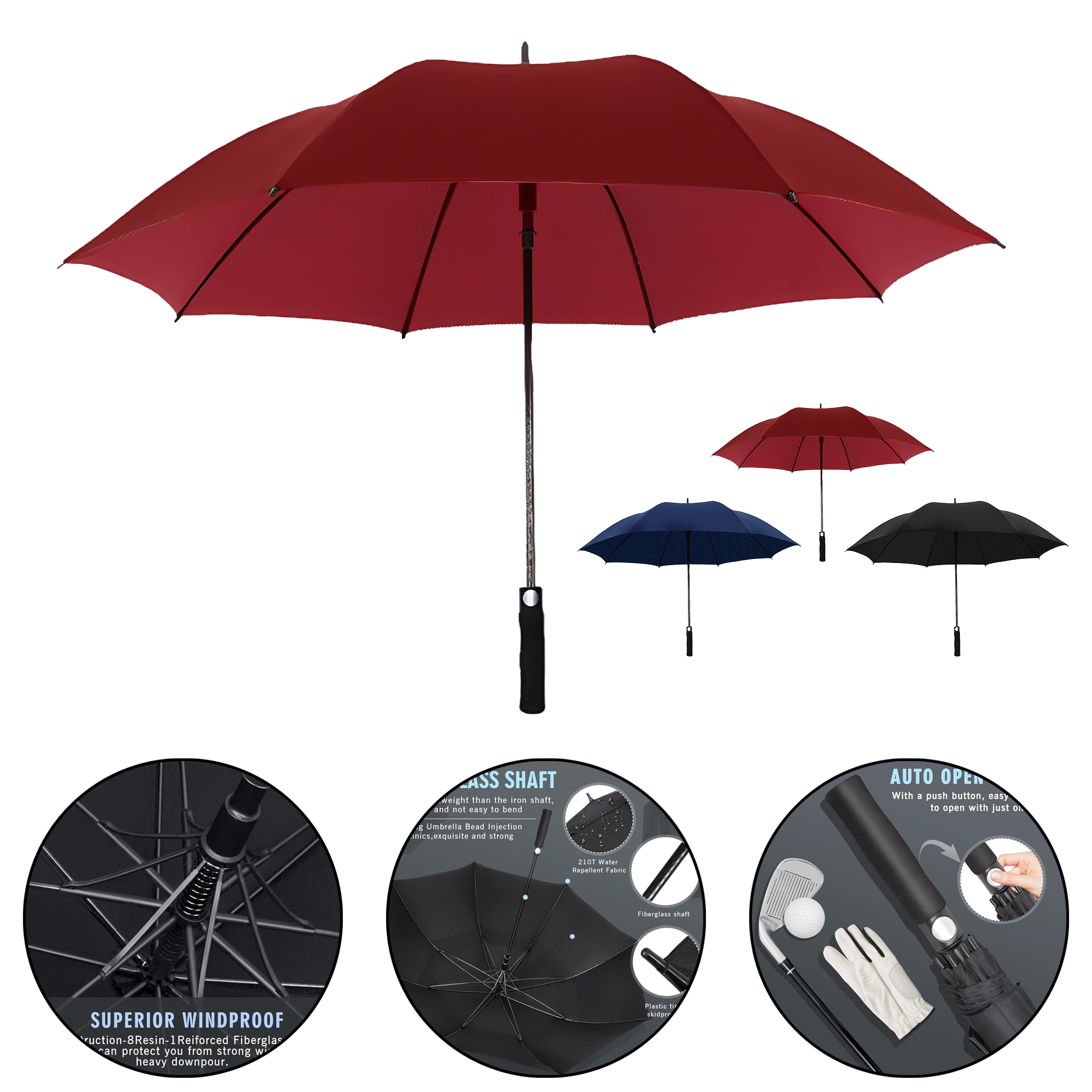 Strong Windproof Fiberglass Long Handle Umbrella with Auto Open 3