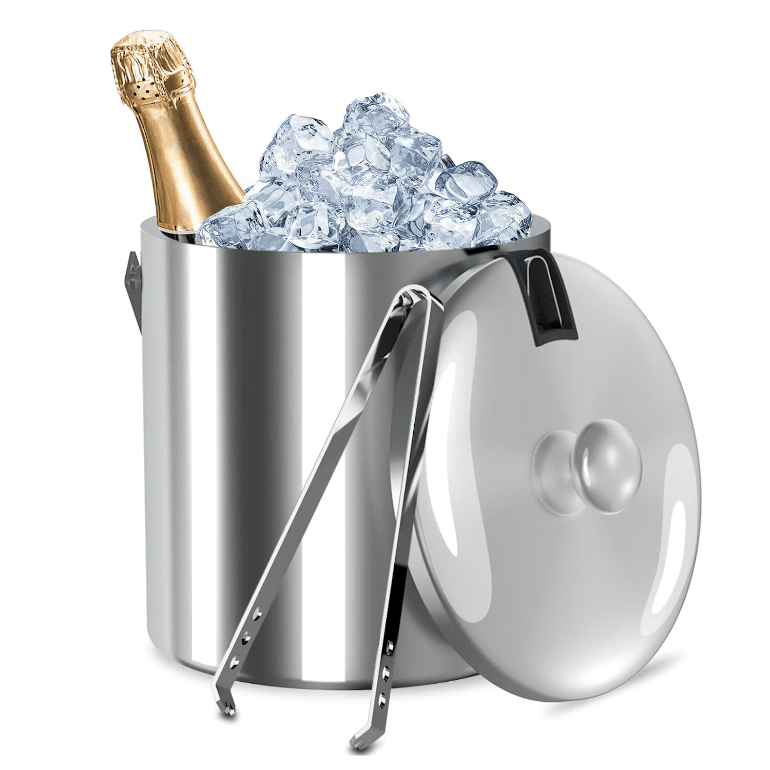 Double-Wall Stainless Steel Insulated Ice Bucket W/Lid 1.3L 3