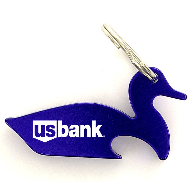 Duck shape bottle opener with key chain.