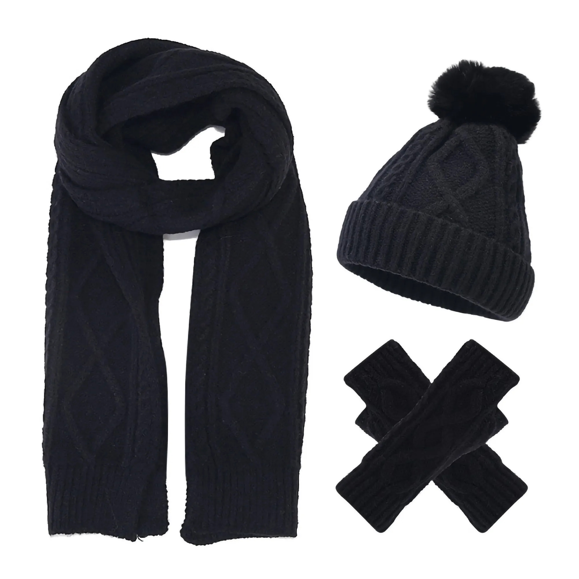 3Pcs Knit Set Hat Neck Warmer Scarf Touch Screen Gloves 7